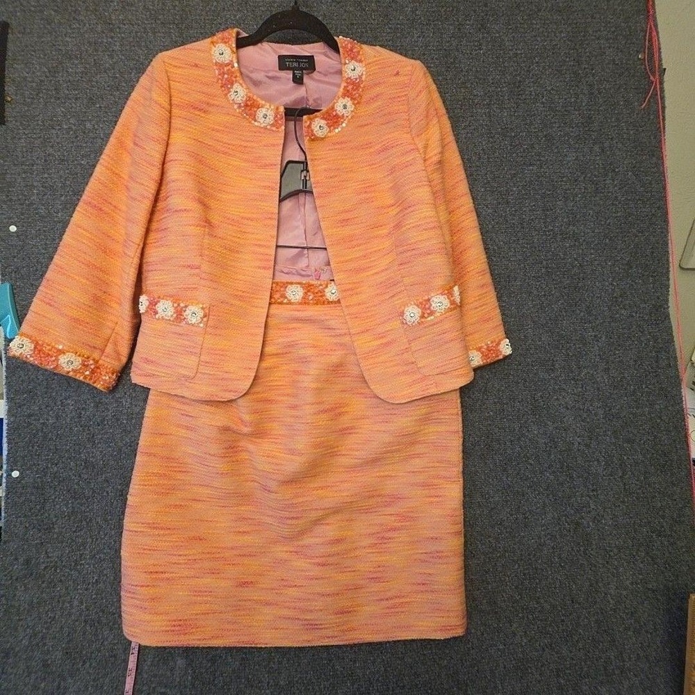 Teri Jon Skirt Suit Womens 8 Orange Tweed 2 Piece Beaded Collar Trim Formal